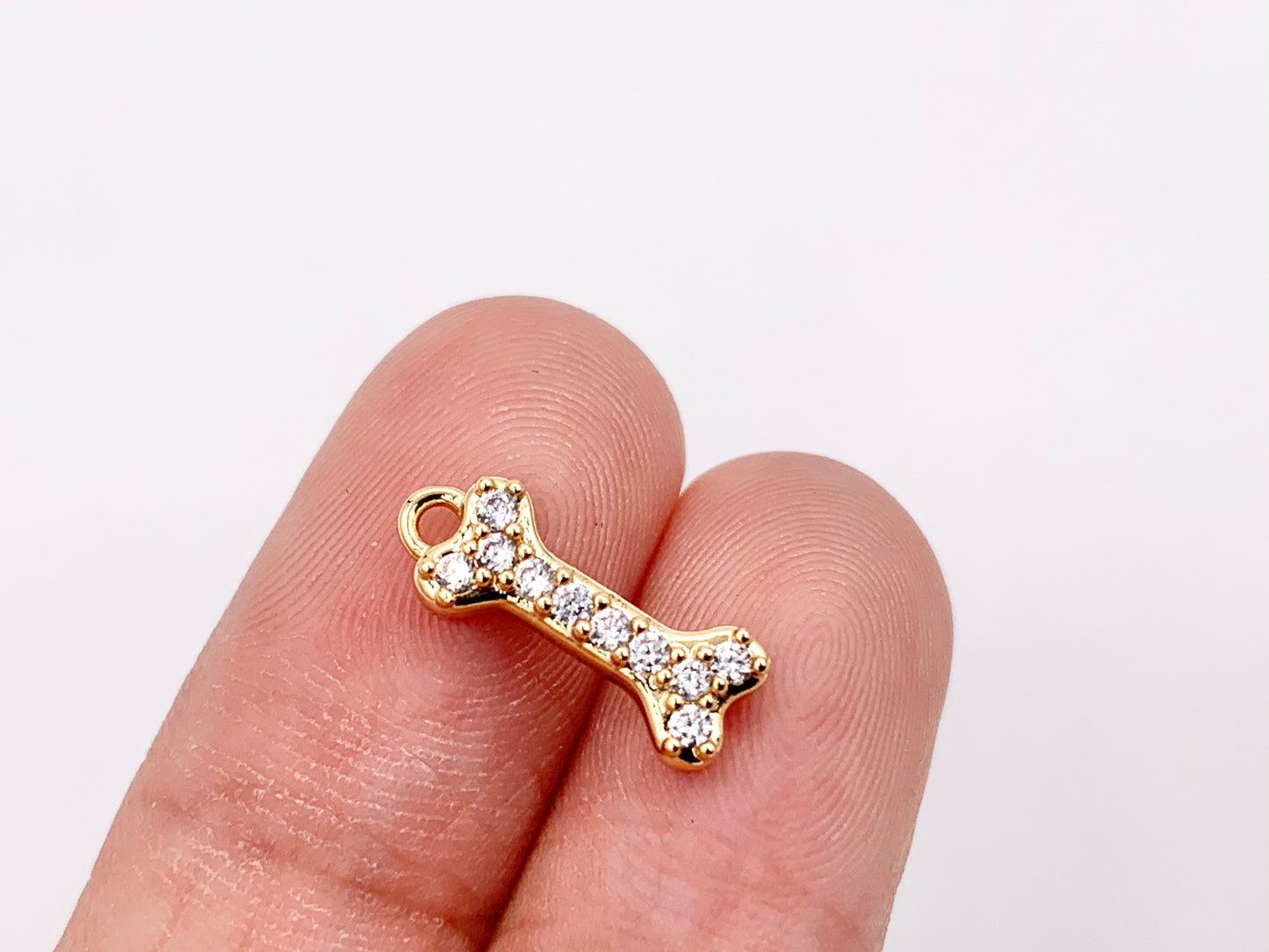 Tiny Cute Dog Bone Charms Small Bone Pendants in Real Gold 18K Plated CZ Pave Over Copper 10 PCS