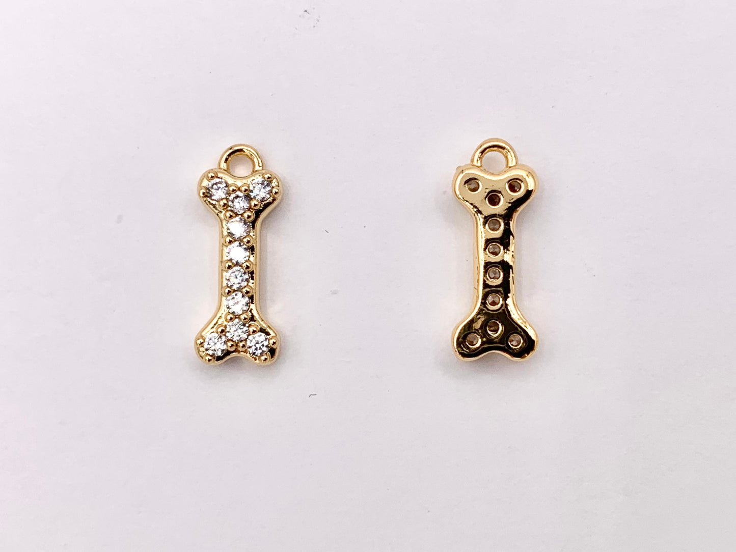 Tiny Cute Dog Bone Charms Small Bone Pendants in Real Gold 18K Plated CZ Pave Over Copper 10 PCS