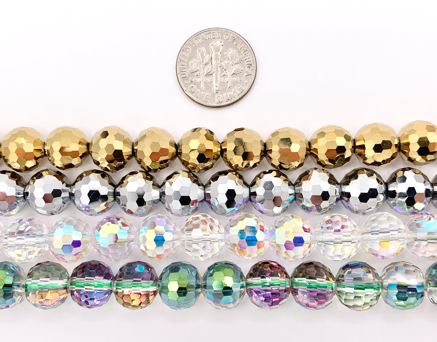 10mm High Quality Crystal Round Faceted 96 Cut Extra Shiny Crystal Beads 1 Strand 10" Available in Gold, Silver, Clear AB And Green/Purple
