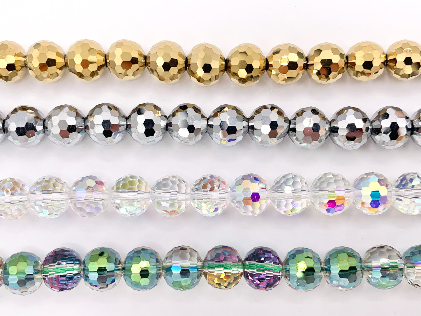 10mm High Quality Crystal Round Faceted 96 Cut Extra Shiny Crystal Beads 1 Strand 10" Available in Gold, Silver, Clear AB And Green/Purple