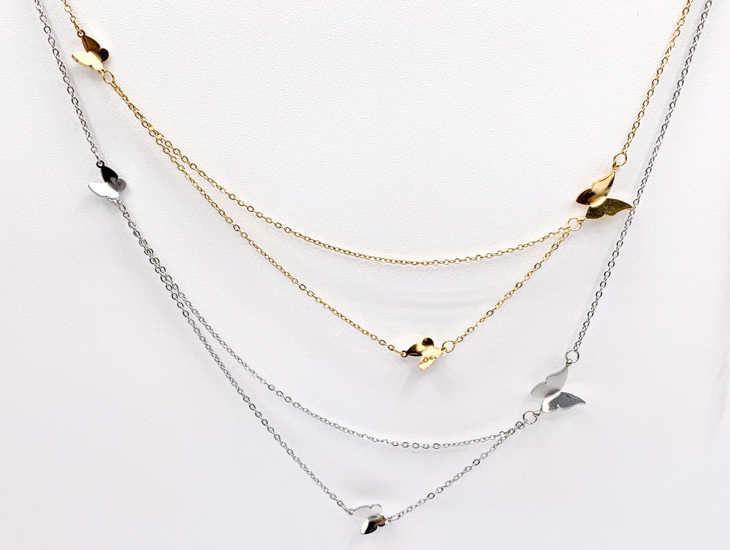 Delicate 2 Layers Butterfly Necklace Gold/Silver Plated Stainless Steel Dainty Flexible Minimalist Finished Necklace 16