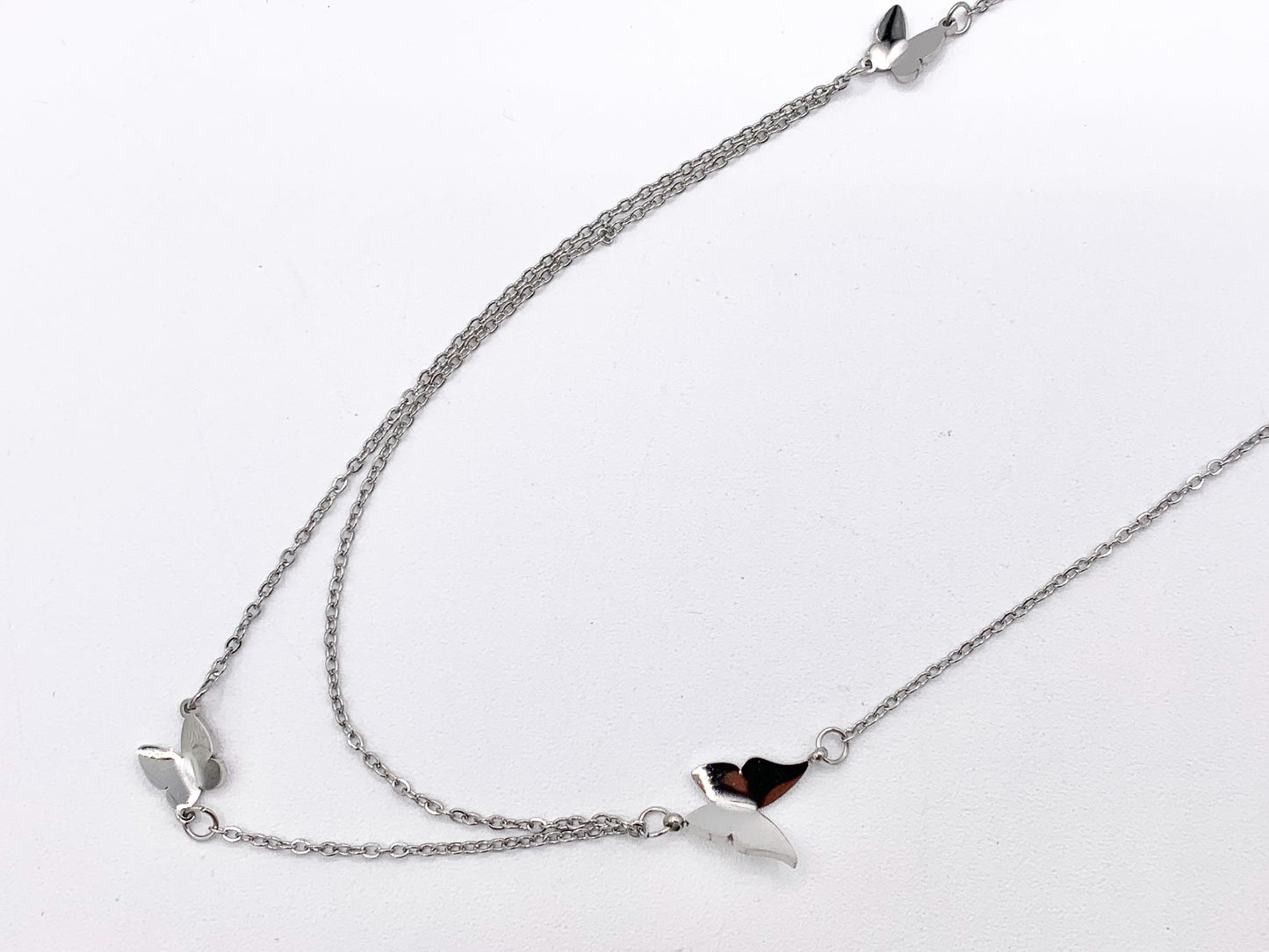 Delicate 2 Layers Butterfly Necklace Gold/Silver Plated Stainless Steel Dainty Flexible Minimalist Finished Necklace 16" with Extension Link