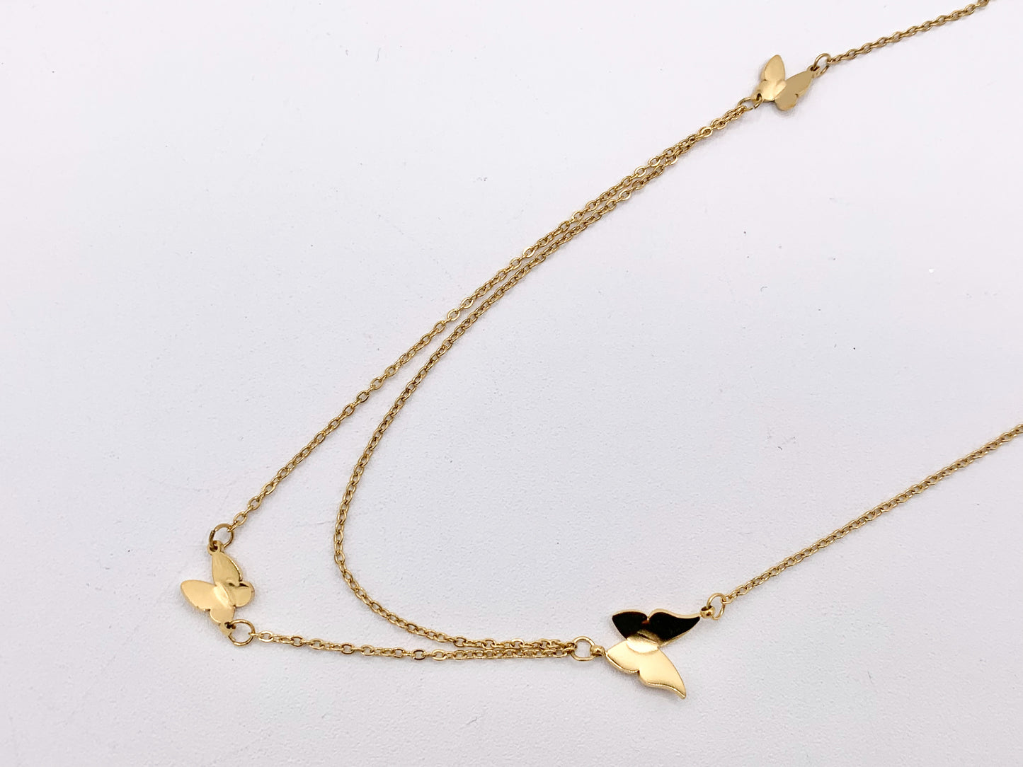 Delicate 2 Layers Butterfly Necklace Gold/Silver Plated Stainless Steel Dainty Flexible Minimalist Finished Necklace 16" with Extension Link