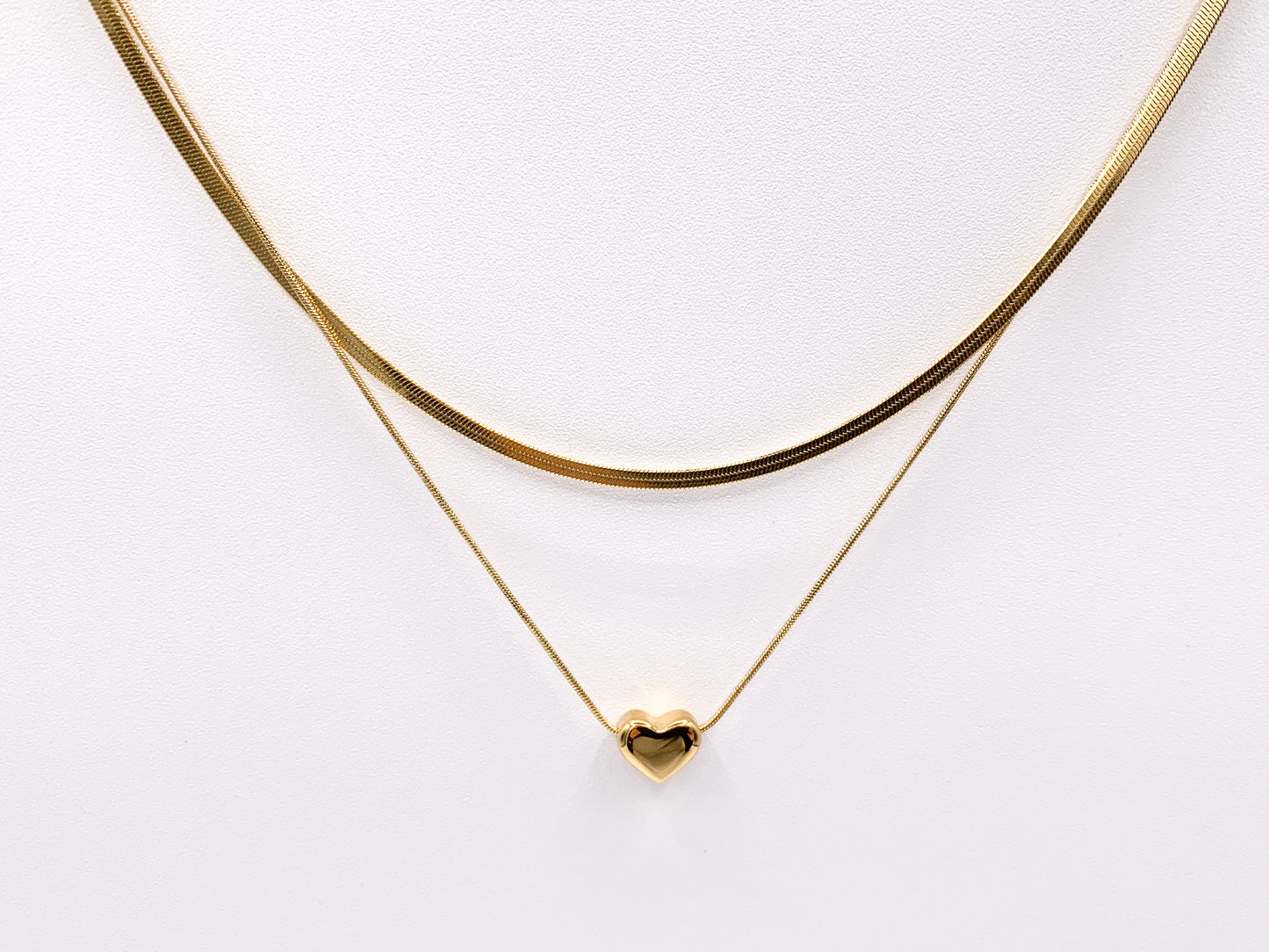 Delicate 2 Layers Heart Necklace Gold/Silver Plated Stainless Steel Dainty Flexible Minimalist Finished Necklace 16" with Extension Link