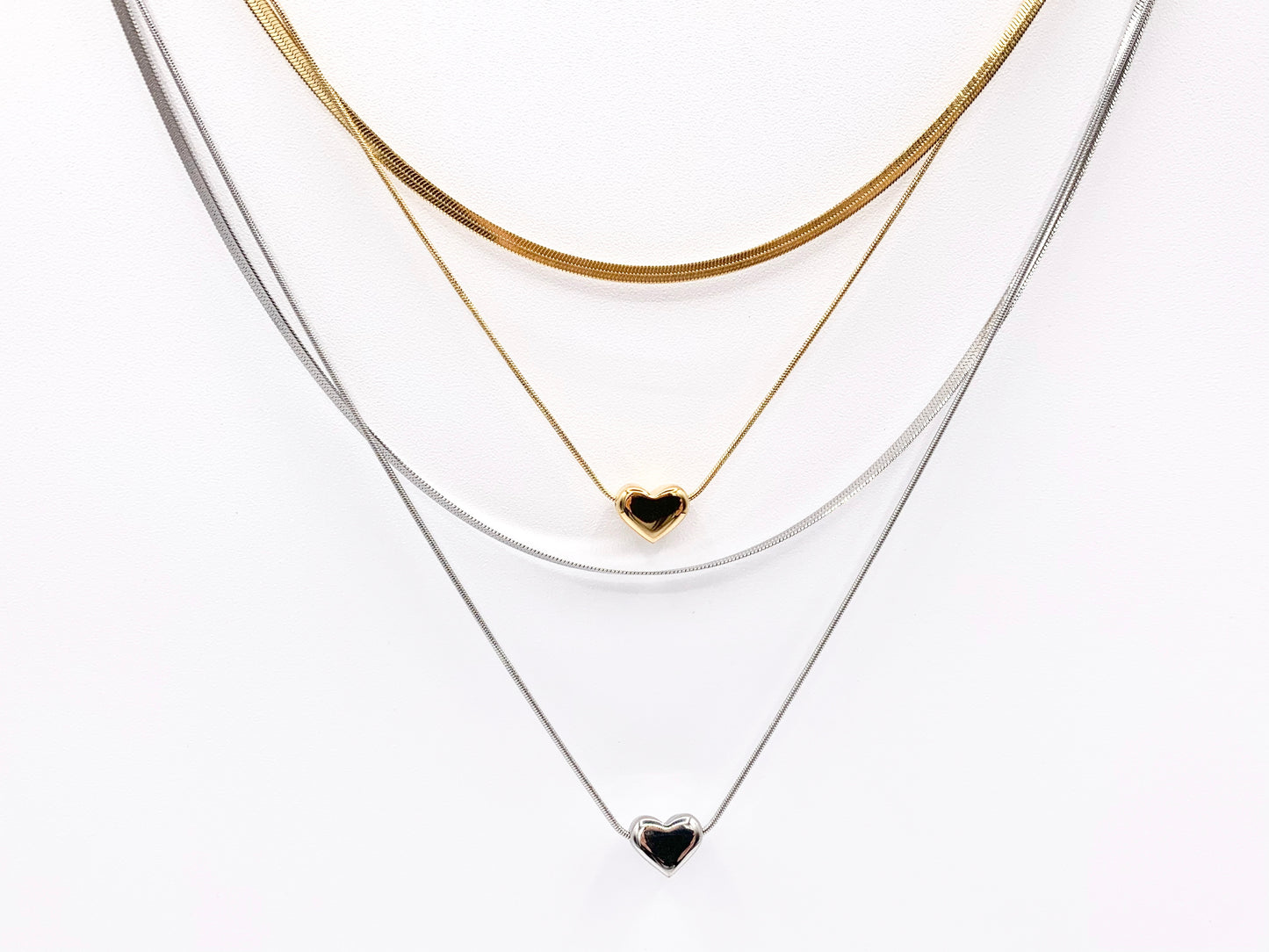 Delicate 2 Layers Heart Necklace Gold/Silver Plated Stainless Steel Dainty Flexible Minimalist Finished Necklace 16" with Extension Link