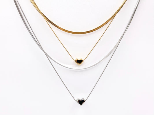 Delicate 2 Layers Heart Necklace Gold/Silver Plated Stainless Steel Dainty Flexible Minimalist Finished Necklace 16" with Extension Link