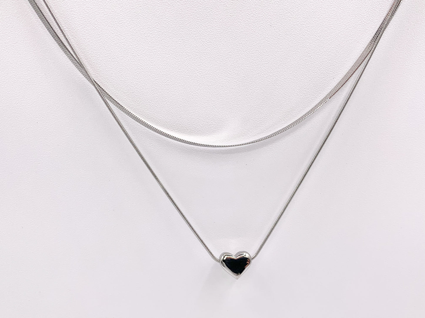 Delicate 2 Layers Heart Necklace Gold/Silver Plated Stainless Steel Dainty Flexible Minimalist Finished Necklace 16" with Extension Link