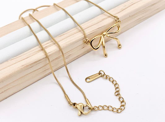 Delicate Bowtie Necklace Gold Plated Stainless Steel Dainty Flexible Minimalist Finished Necklace 16" with Extension Link