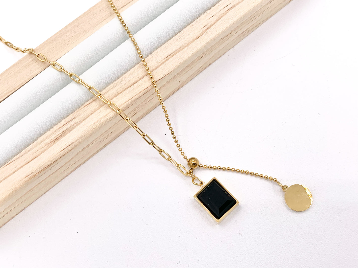 Delicate Slider Crystal Dangle Necklace Gold Plated Stainless Steel Dainty Flexible Minimalist Finished Necklace 16" with Extension Link
