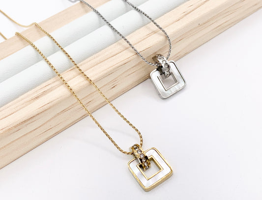 Delicate MOP Square Pendant Necklace Gold/Silver Plated Stainless Steel Dainty Flexible Minimalist Finished Necklace 16" with Extension Link