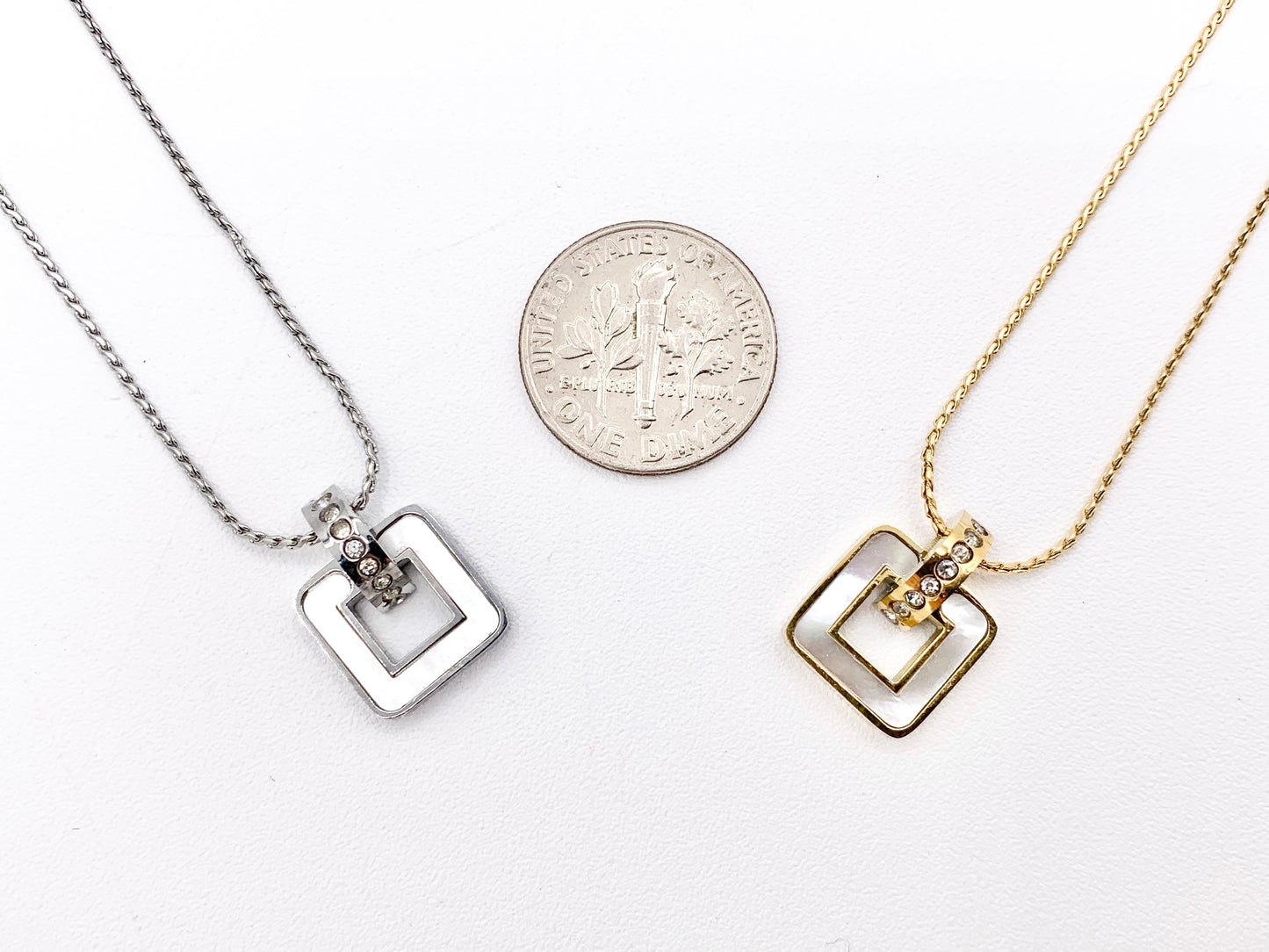 Delicate MOP Square Pendant Necklace Gold/Silver Plated Stainless Steel Dainty Flexible Minimalist Finished Necklace 16" with Extension Link