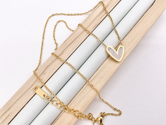 Delicate MOP Heart Charm Necklace Gold Plated Stainless Steel Dainty Flexible Minimalist Finished Necklace 16" with Extension Link