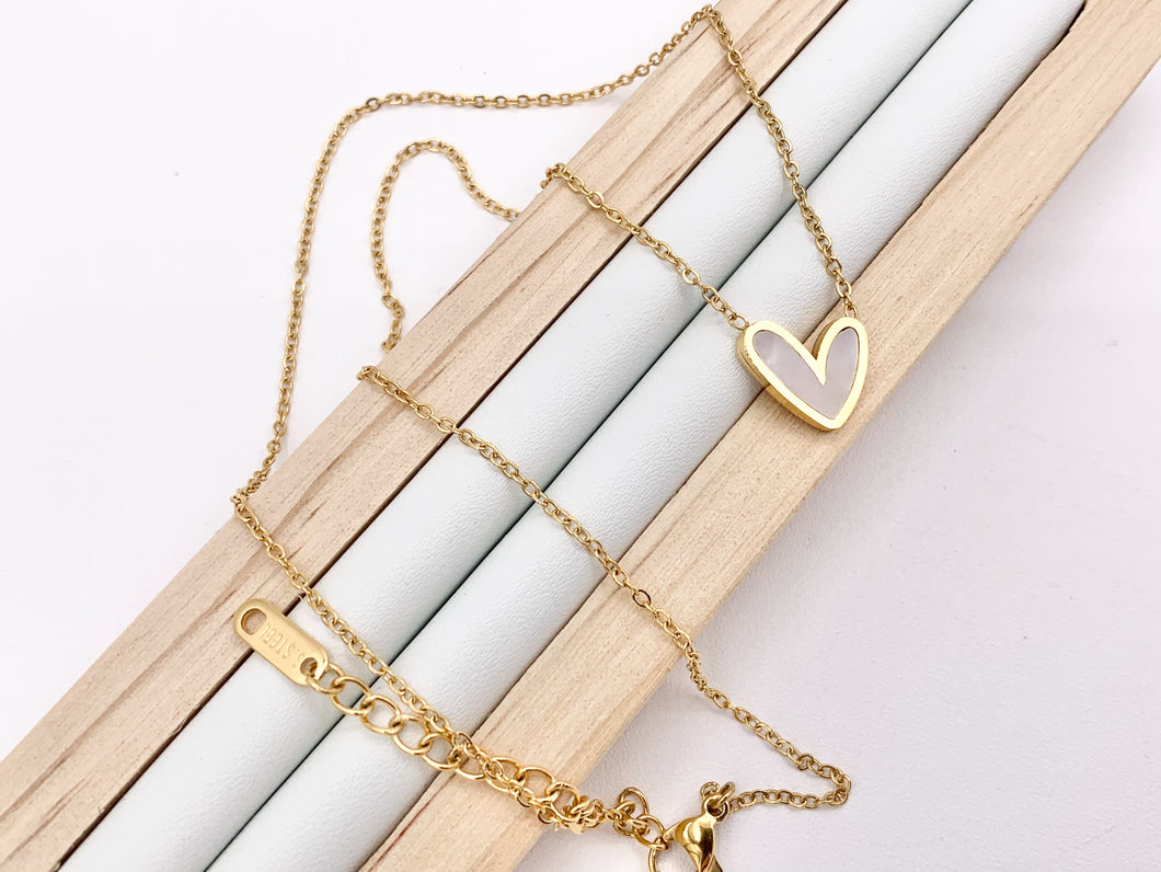 Delicate MOP Heart Charm Necklace Gold Plated Stainless Steel Dainty Flexible Minimalist Finished Necklace 16