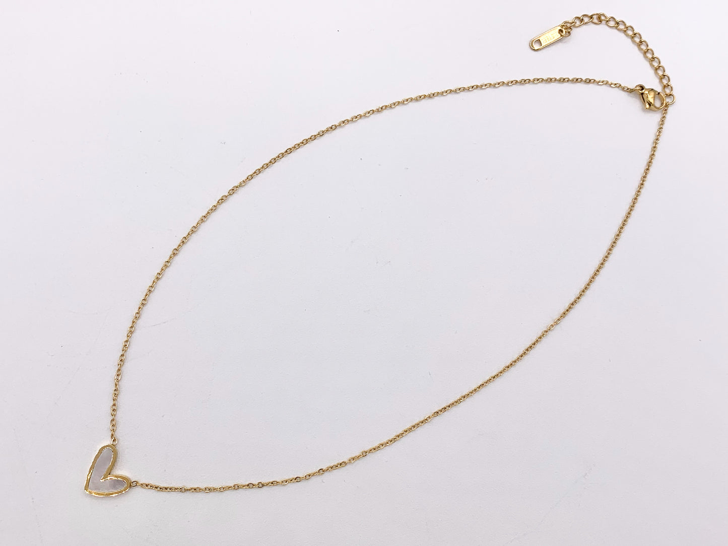 Delicate MOP Heart Charm Necklace Gold Plated Stainless Steel Dainty Flexible Minimalist Finished Necklace 16" with Extension Link