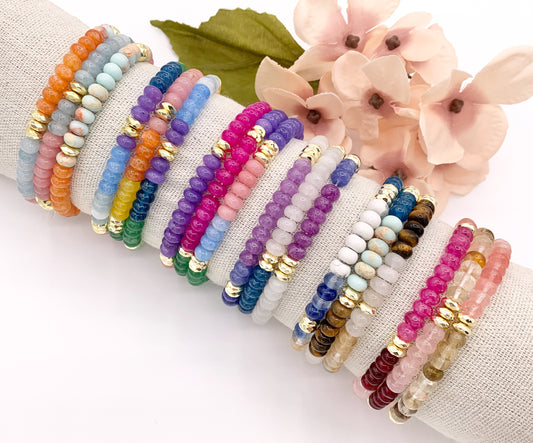 6mm Assorted Gemstone Stretchy Bracelets Colorful Rondelle with Gold Plated Spacers Beaded Bracelets 7" Price For 1