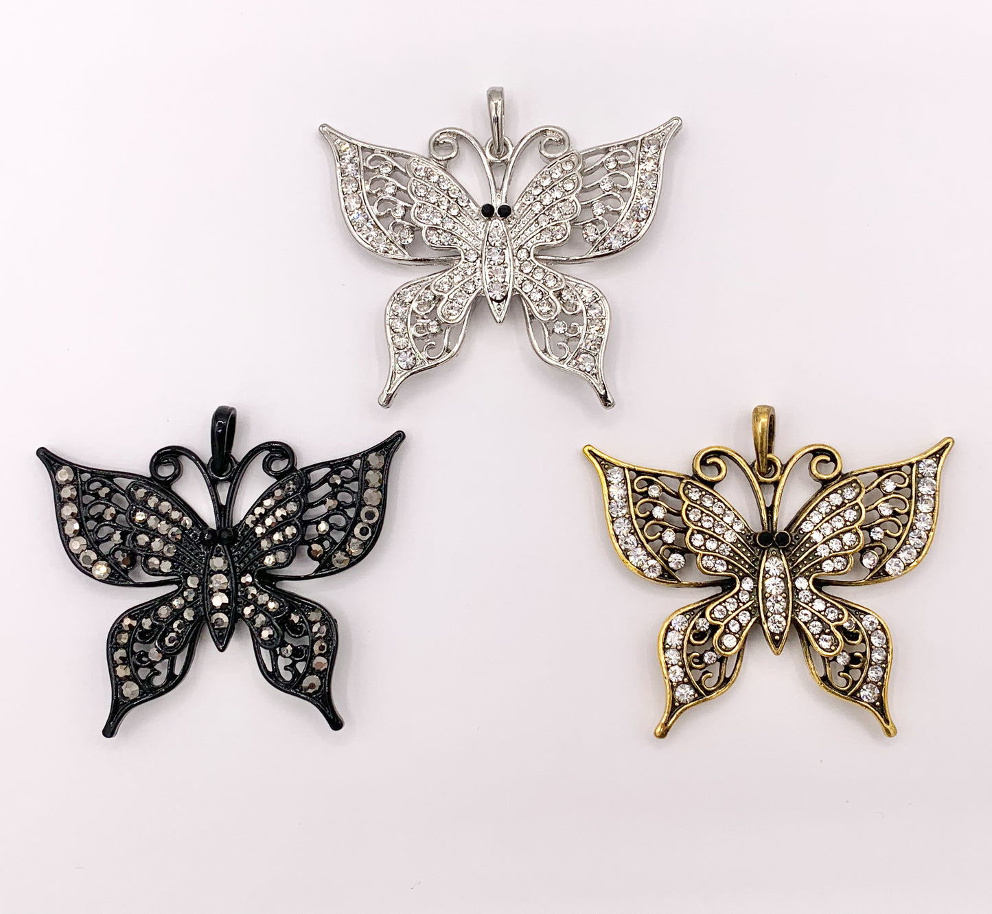 2.25x1.75" Large Filigree Butterfly Rhinestone Pendants Black, Brass & Silver 1 PC