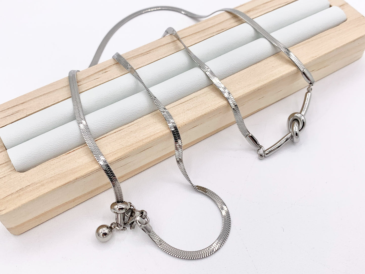 Slider Knot Pendant Herringbone Necklace Silver Plated Stainless Steel Dainty Flexible Minimalist Finished Necklace 18" Adjustable Length