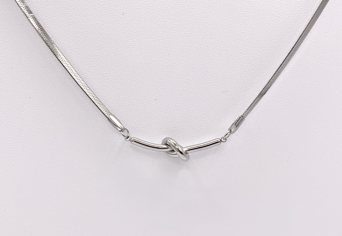 Slider Knot Pendant Herringbone Necklace Silver Plated Stainless Steel Dainty Flexible Minimalist Finished Necklace 18" Adjustable Length