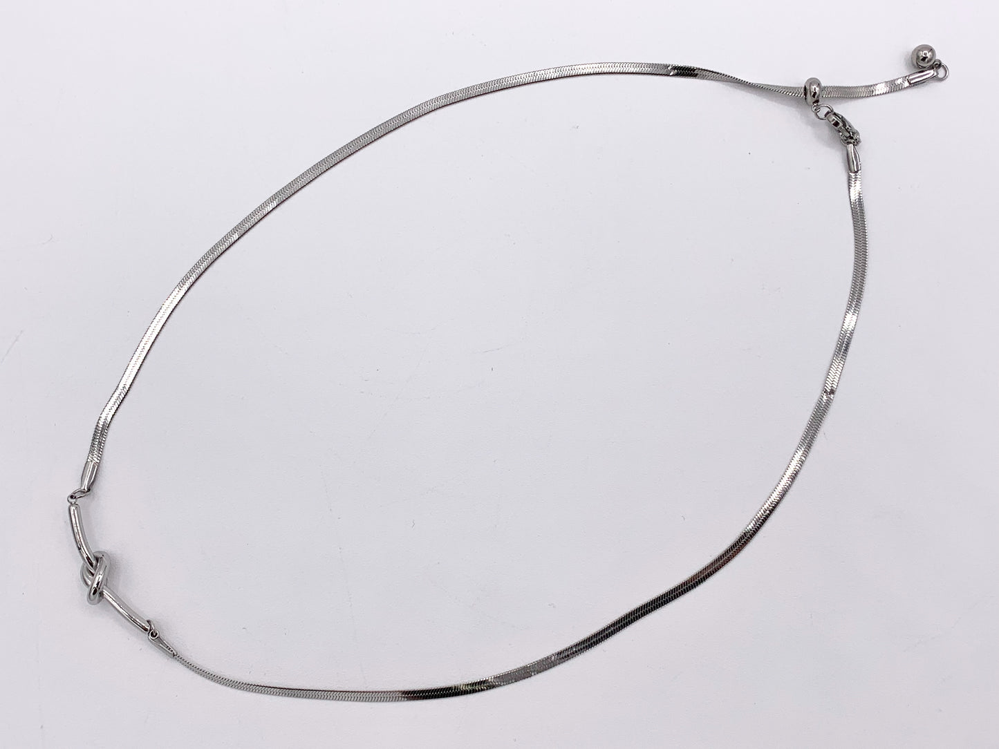 Slider Knot Pendant Herringbone Necklace Silver Plated Stainless Steel Dainty Flexible Minimalist Finished Necklace 18" Adjustable Length