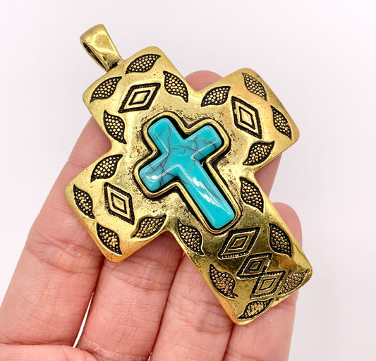 2x2.75" Pewter Cross With Turquoise Howlite Charms Large Antique Cross Pendants in Gold, Copper and Bronze Color 4 PCS