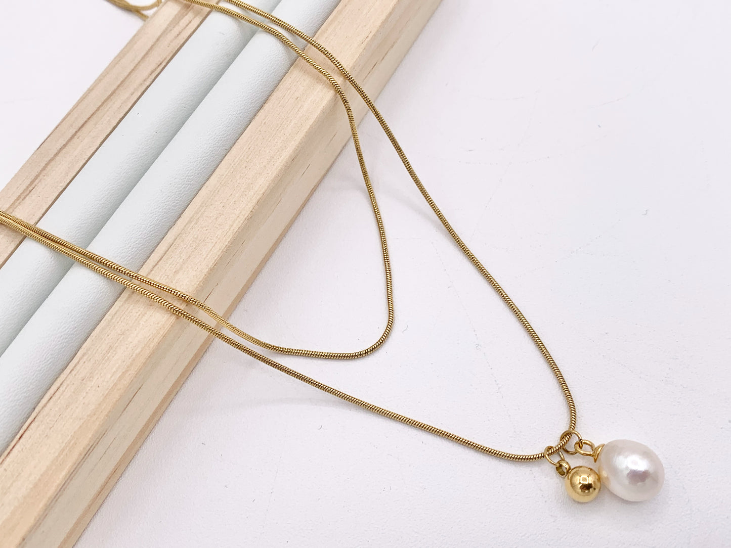 Delicate 2 Layers Freshwater Pearl Necklace Gold Plated Stainless Steel Dainty Flexible Minimalist Finished Necklace 16" with Extension Link