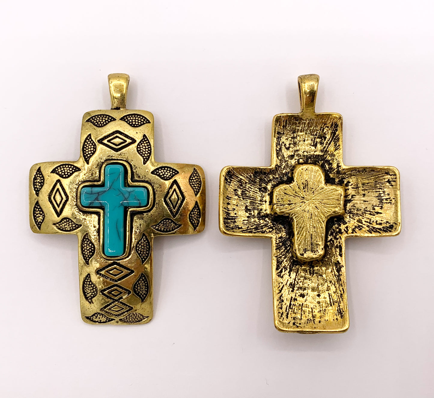 2x2.75" Pewter Cross With Turquoise Howlite Charms Large Antique Cross Pendants in Gold, Copper and Bronze Color 4 PCS