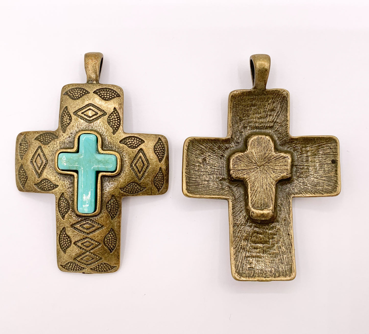 2x2.75" Pewter Cross With Turquoise Howlite Charms Large Antique Cross Pendants in Gold, Copper and Bronze Color 4 PCS