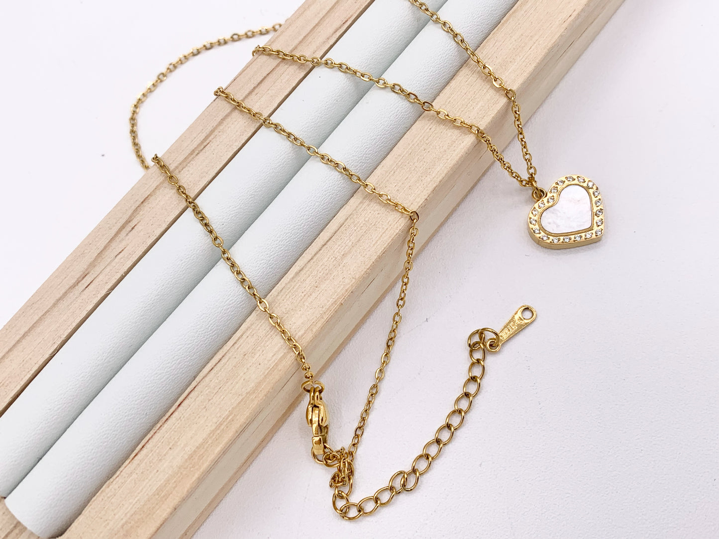 Delicate MOP Heart CZ Charm Satellite Necklace Gold Plated Stainless Steel Dainty Minimalist Finished Necklace 16" with Extension Link