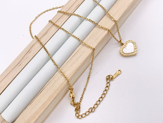 Delicate MOP Heart CZ Charm Satellite Necklace Gold Plated Stainless Steel Dainty Minimalist Finished Necklace 16" with Extension Link
