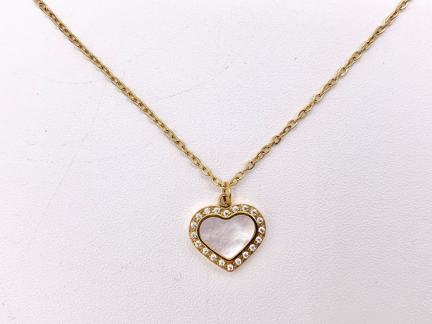 Delicate MOP Heart CZ Charm Satellite Necklace Gold Plated Stainless Steel Dainty Minimalist Finished Necklace 16" with Extension Link