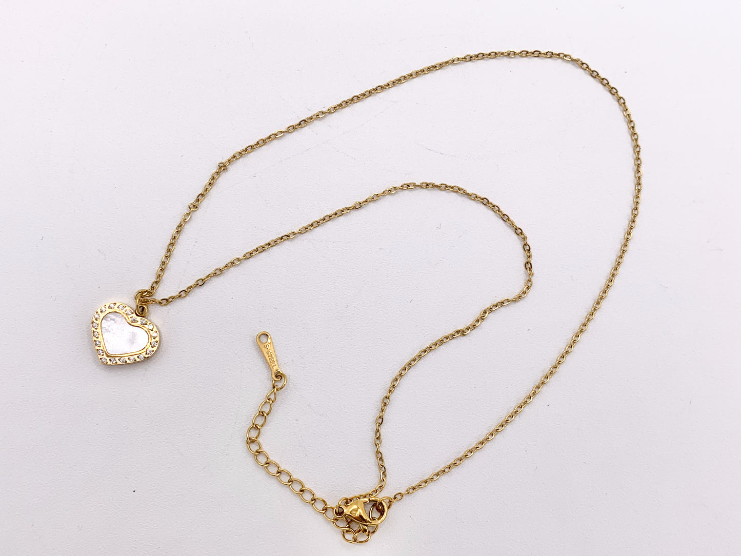 Delicate MOP Heart CZ Charm Satellite Necklace Gold Plated Stainless Steel Dainty Minimalist Finished Necklace 16" with Extension Link