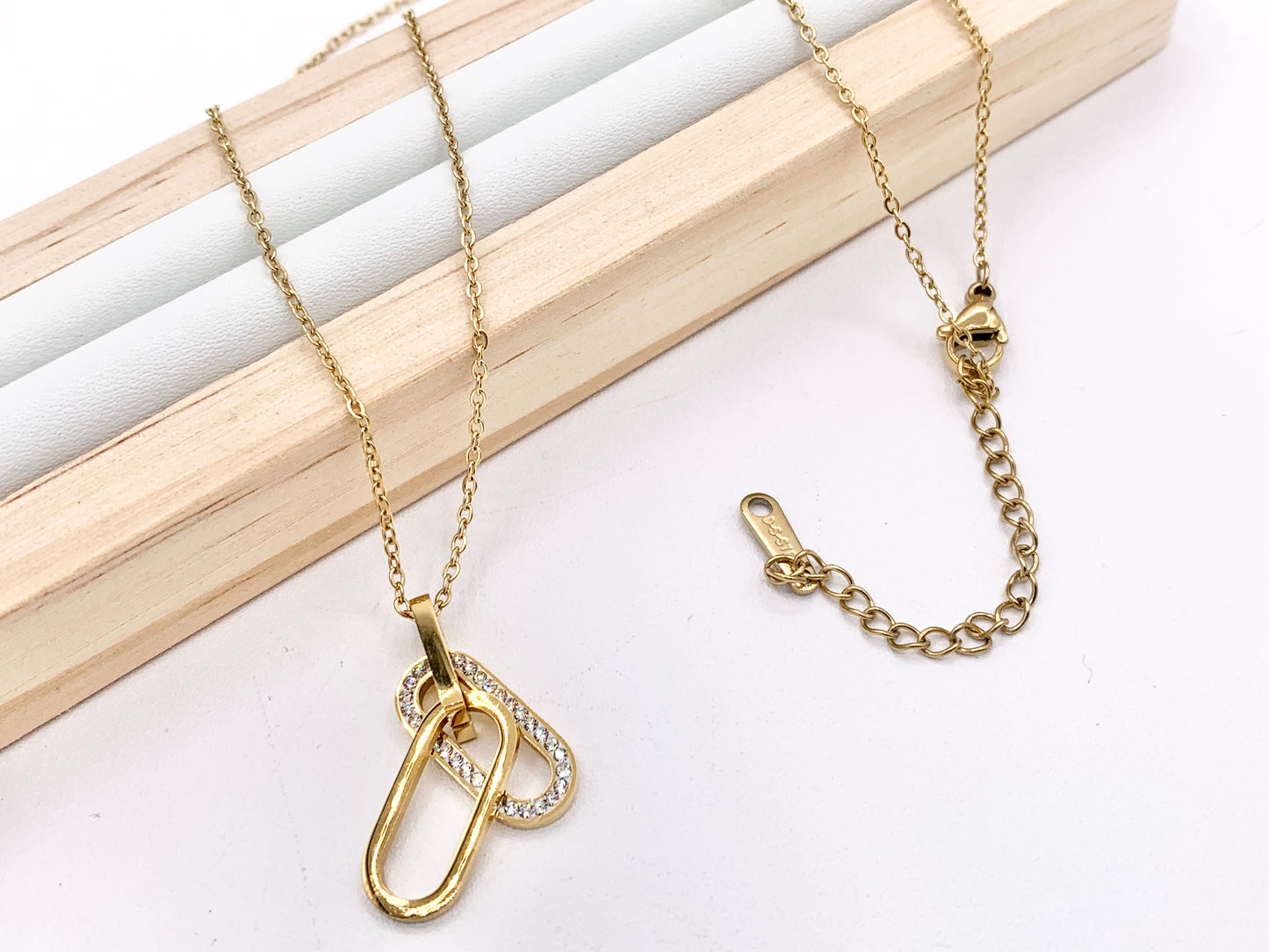 Delicate CZ Oval Pendant Necklace Gold Plated Stainless Steel Dainty Flexible Minimalist Finished Necklace 16" with Extension Link