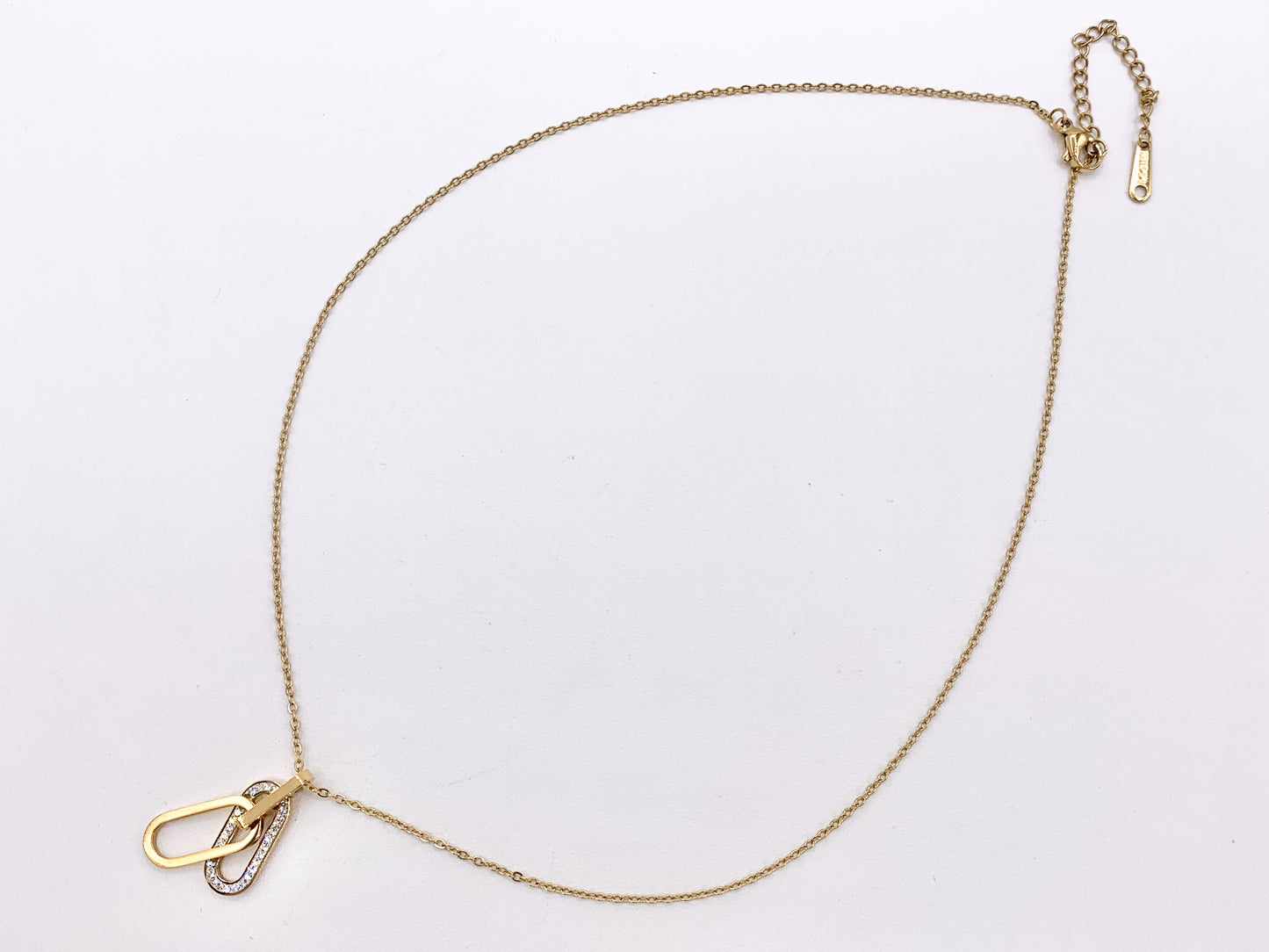 Delicate CZ Oval Pendant Necklace Gold Plated Stainless Steel Dainty Flexible Minimalist Finished Necklace 16" with Extension Link