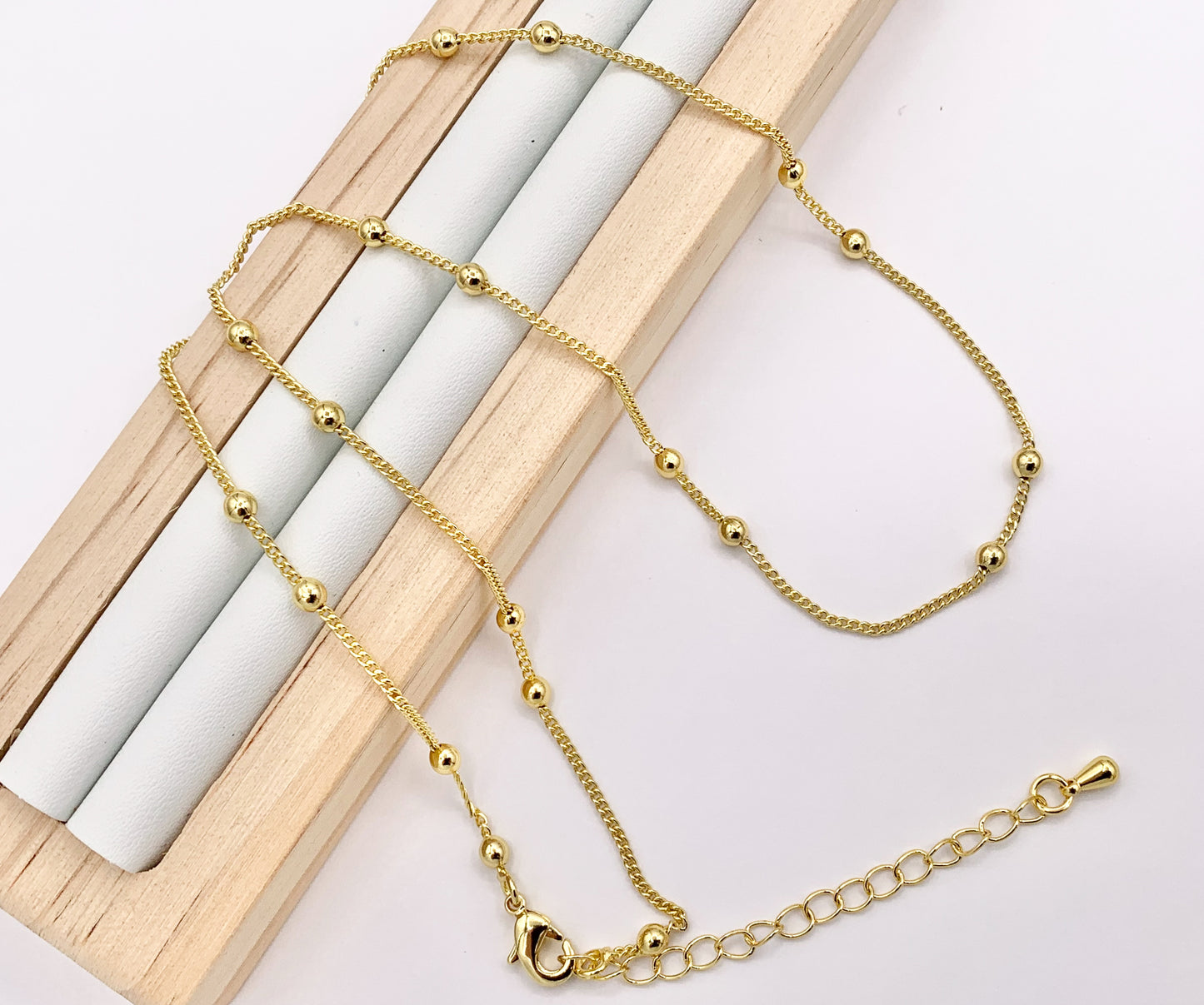 Delicate 18K Gold Plated Copper Tiny Round 3mm Gold Beads Beaded Finished Necklace 17.5" + 2" Extension Link 10 PCS