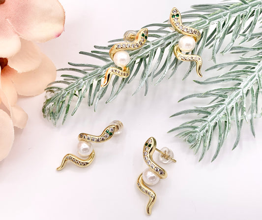 Cute Snake with Pearl Earrings in Real Gold 18K Micro CZ Pave Over Copper 4 PAIRS