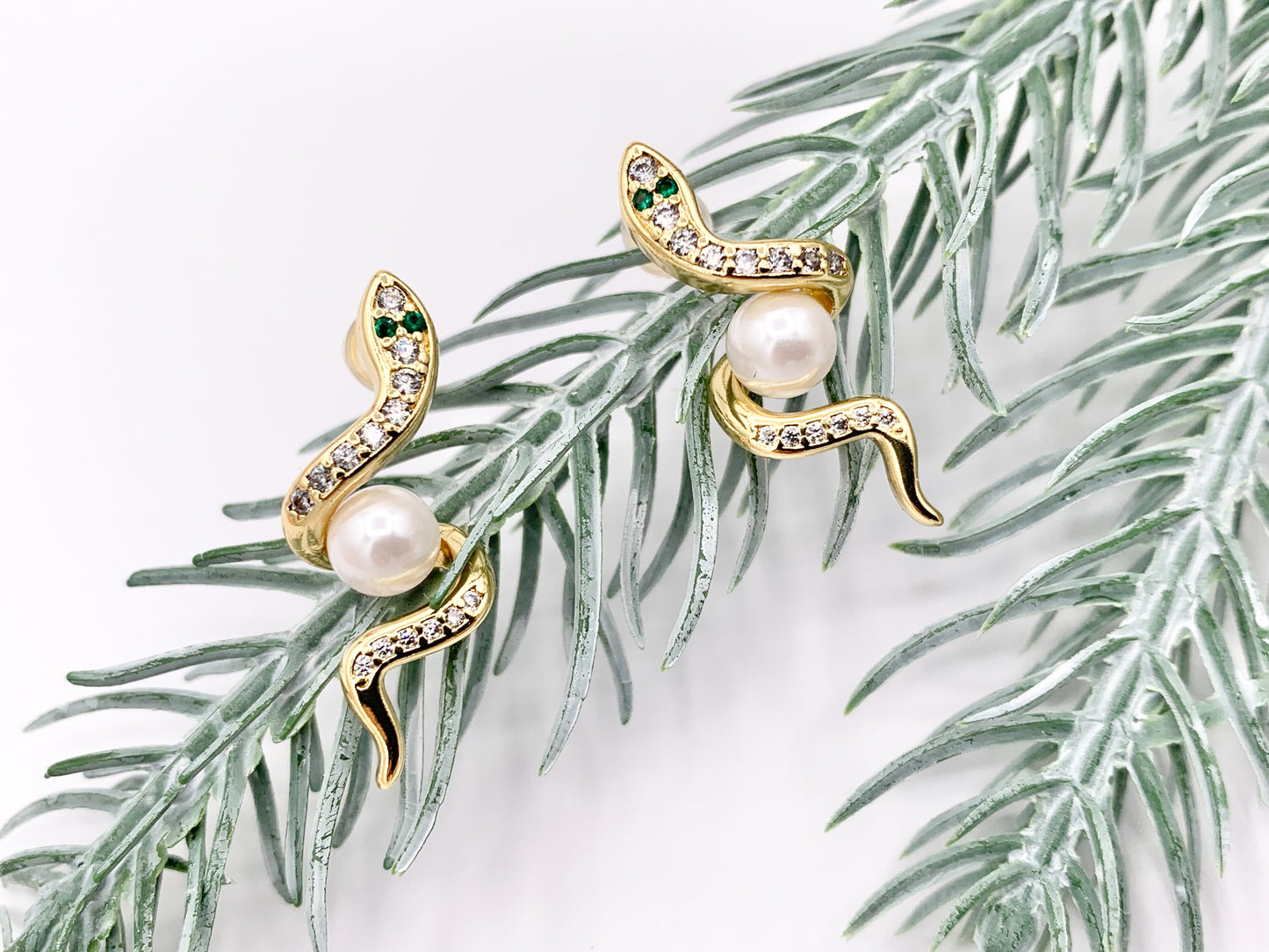 Cute Snake with Pearl Earrings in Real Gold 18K Micro CZ Pave Over Copper 4 PAIRS
