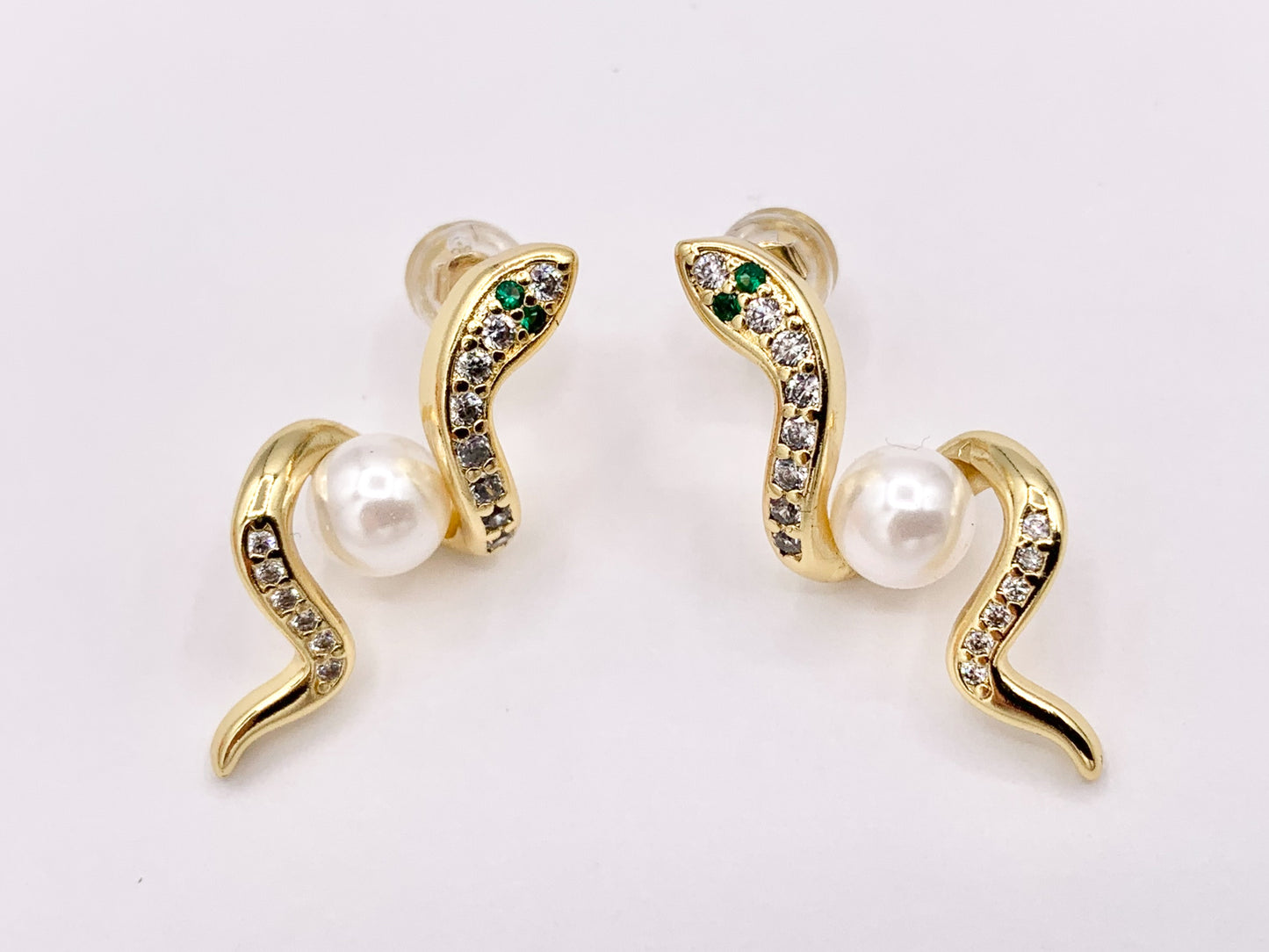 Cute Snake with Pearl Earrings in Real Gold 18K Micro CZ Pave Over Copper 4 PAIRS