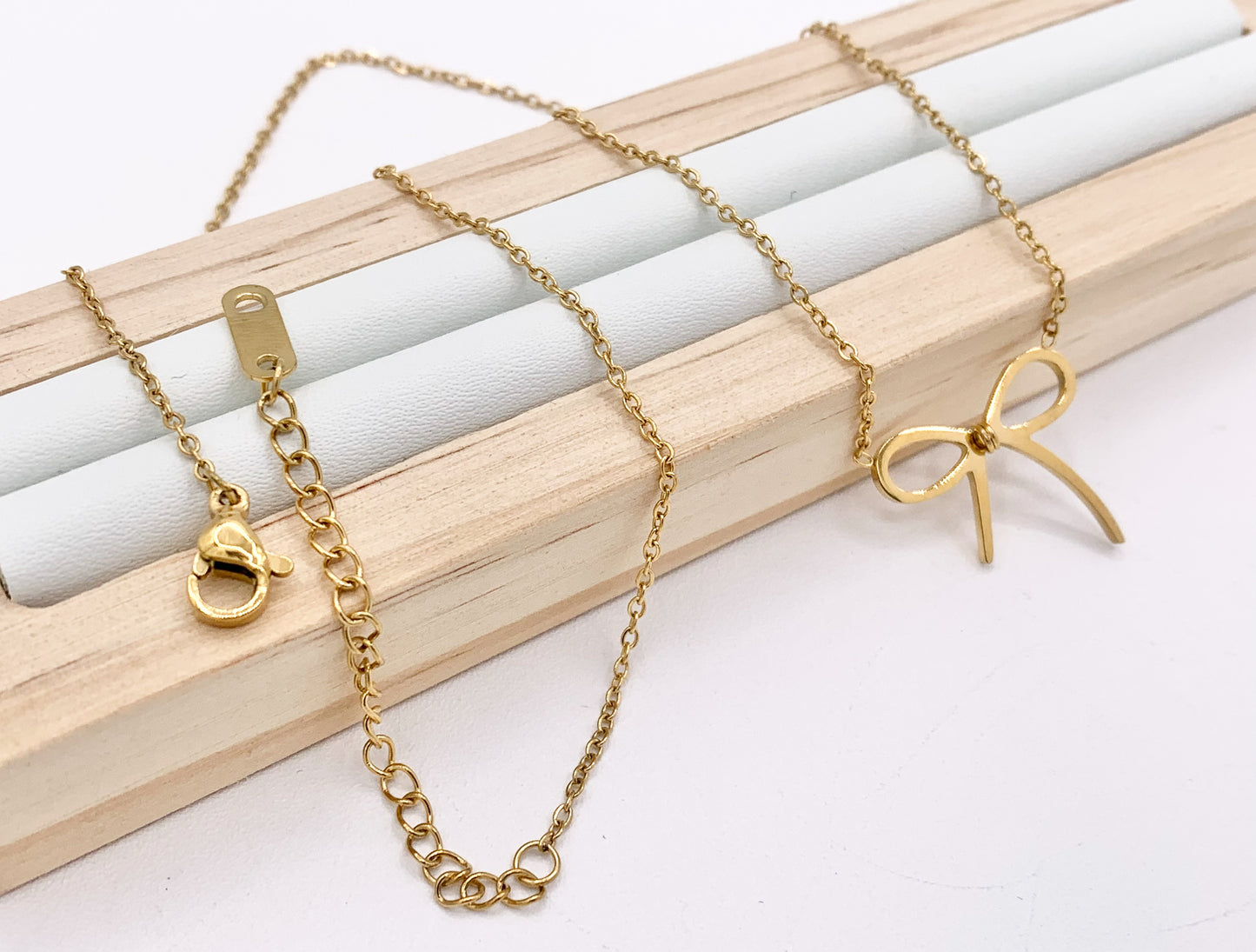 Delicate Bowtie Necklace Gold Plated Stainless Steel Dainty Flexible Minimalist Finished Necklace 16" with Extension Link