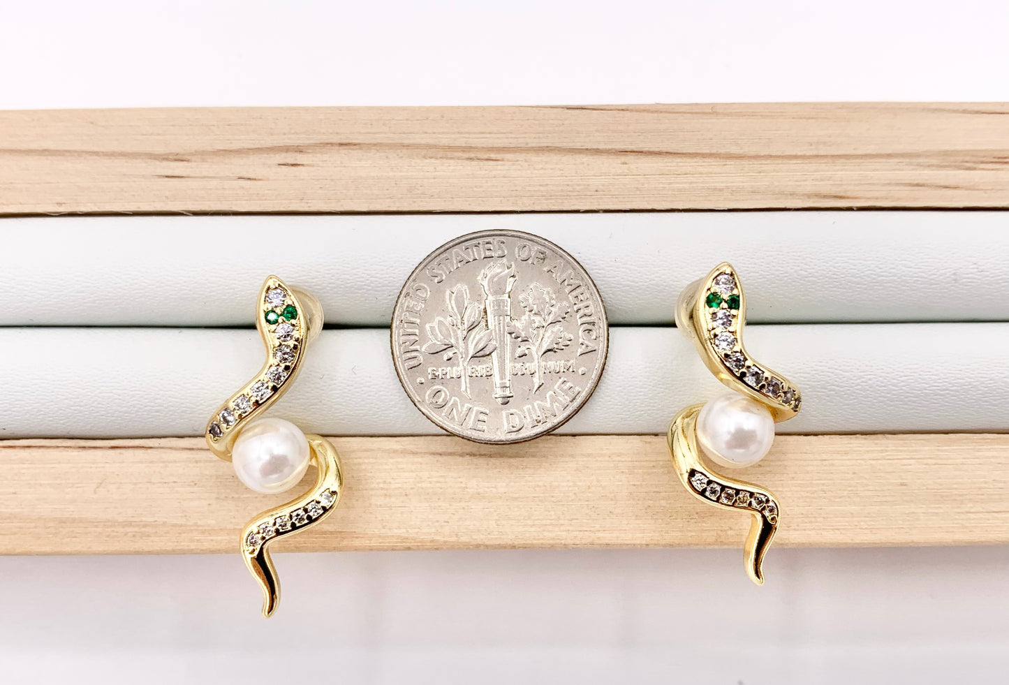Cute Snake with Pearl Earrings in Real Gold 18K Micro CZ Pave Over Copper 4 PAIRS