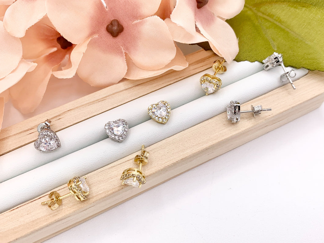 Cute Tiny Heart Earring Studs in Rhinestone CZ Pave Designed in 18K Gold or Silver Plated Copper 5 PAIRS