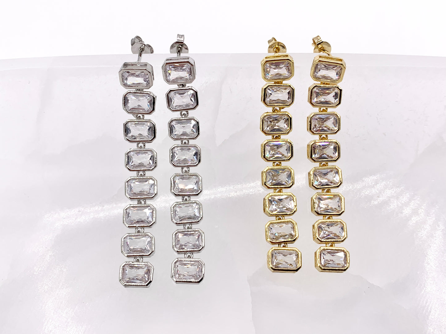 CZ Pave Baguette Drop Dangle Earrings in 18K Gold or Silver Plated Copper 2 PAIRS