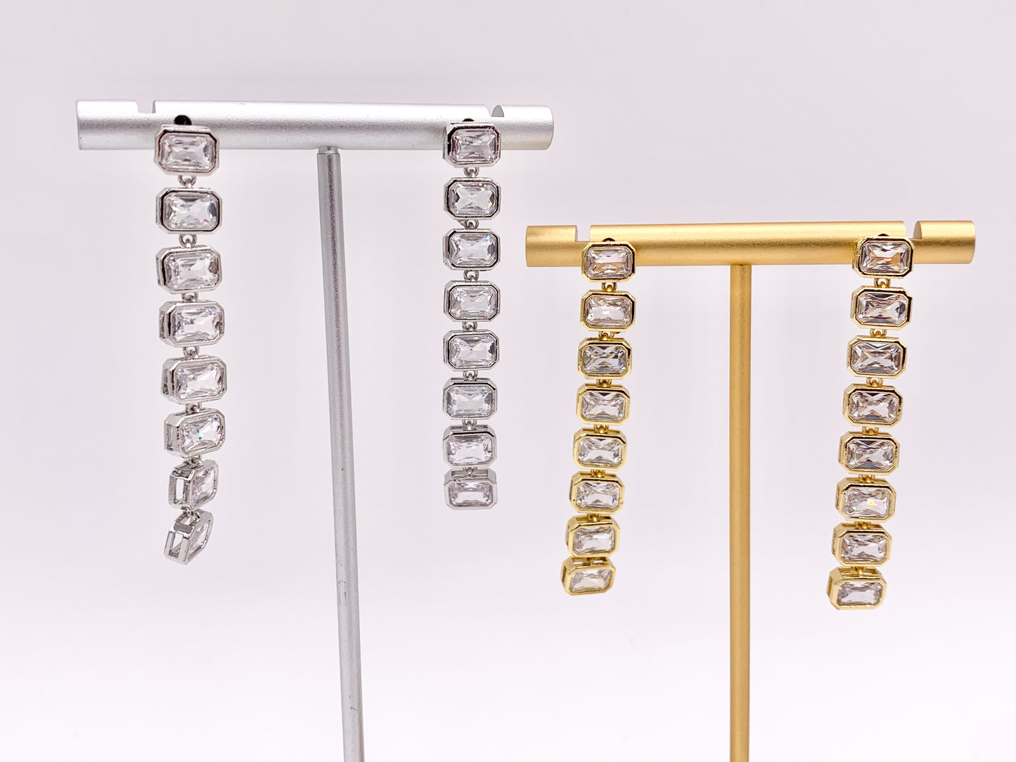 CZ Pave Baguette Drop Dangle Earrings in 18K Gold or Silver Plated Copper 2 PAIRS