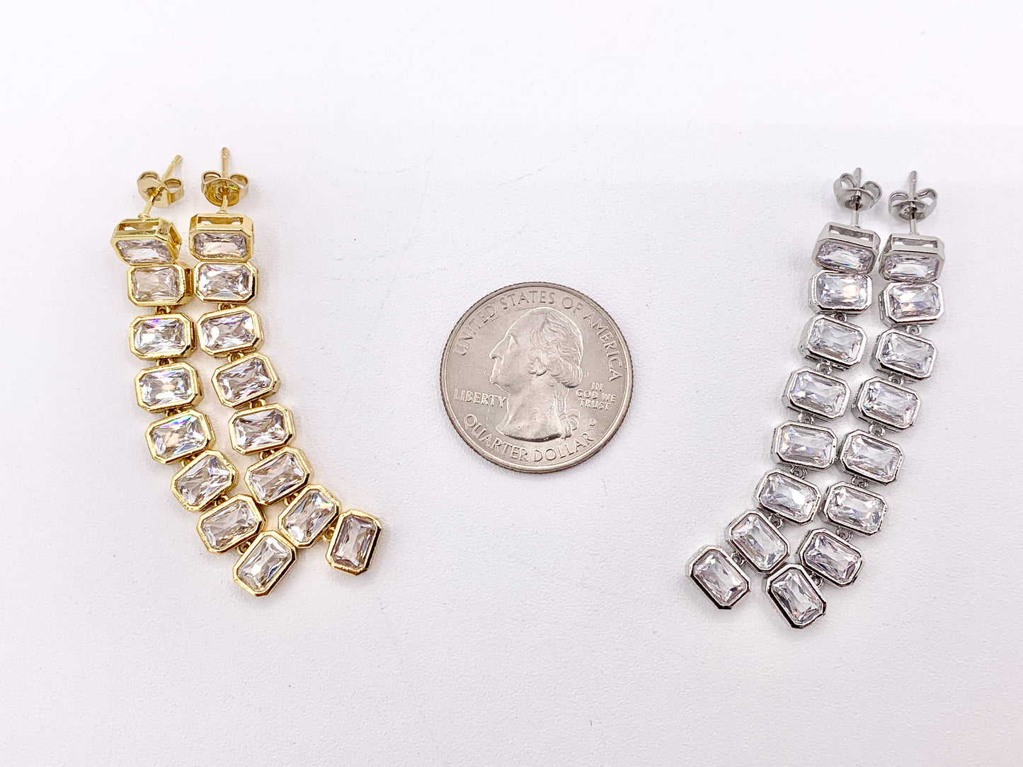 CZ Pave Baguette Drop Dangle Earrings in 18K Gold or Silver Plated Copper 2 PAIRS