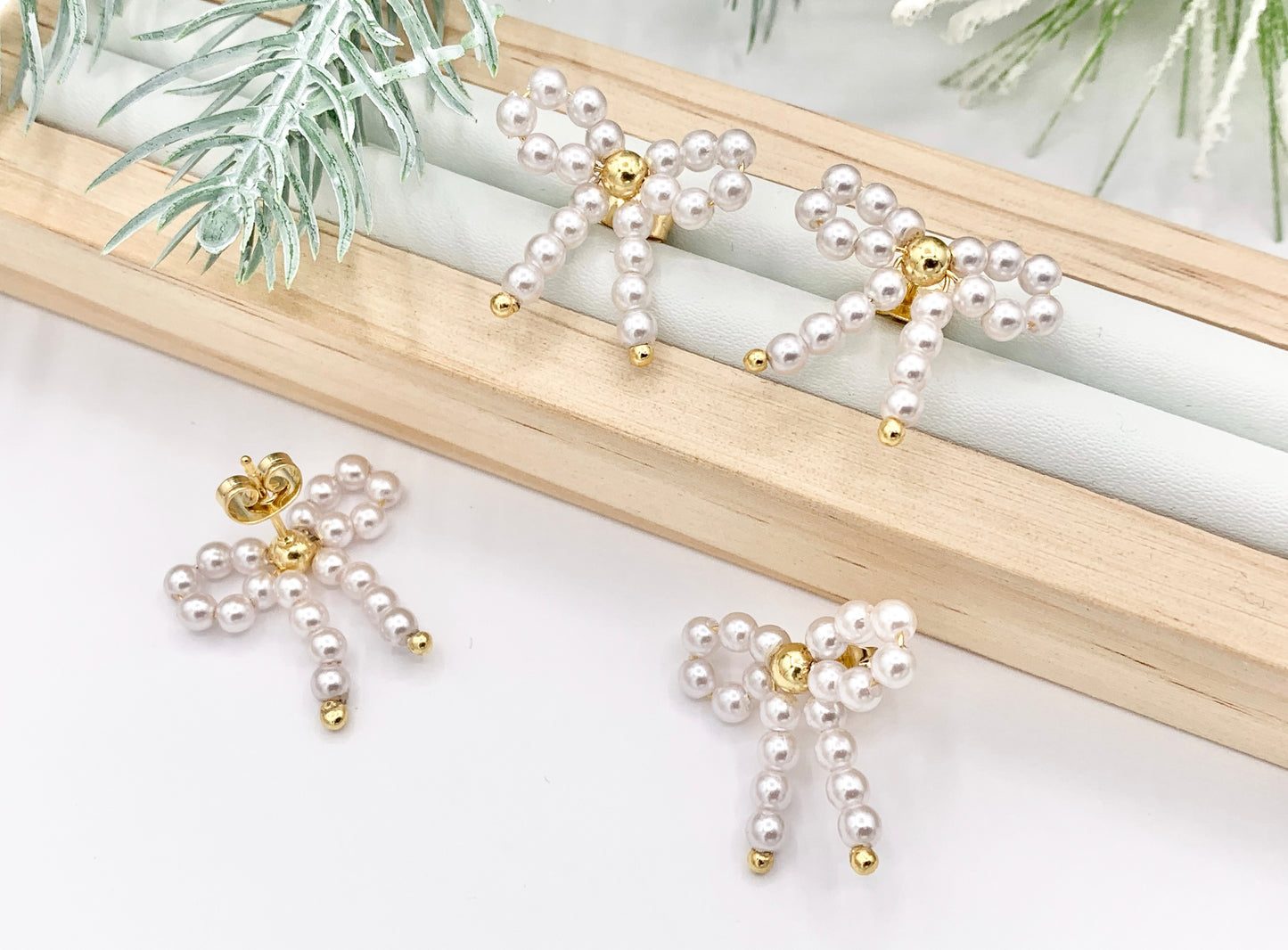 Cute Pearl Bowtie Beaded Earring Studs in 18K Gold Plated Over Copper Earrings 5 PAIRS