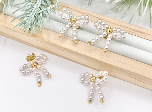 Cute Pearl Bowtie Beaded Earring Studs in 18K Gold Plated Over Copper Earrings 5 PAIRS