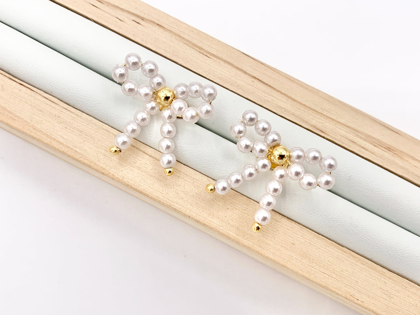 Cute Pearl Bowtie Beaded Earring Studs in 18K Gold Plated Over Copper Earrings 5 PAIRS