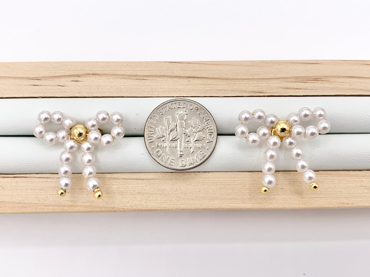 Cute Pearl Bowtie Beaded Earring Studs in 18K Gold Plated Over Copper Earrings 5 PAIRS