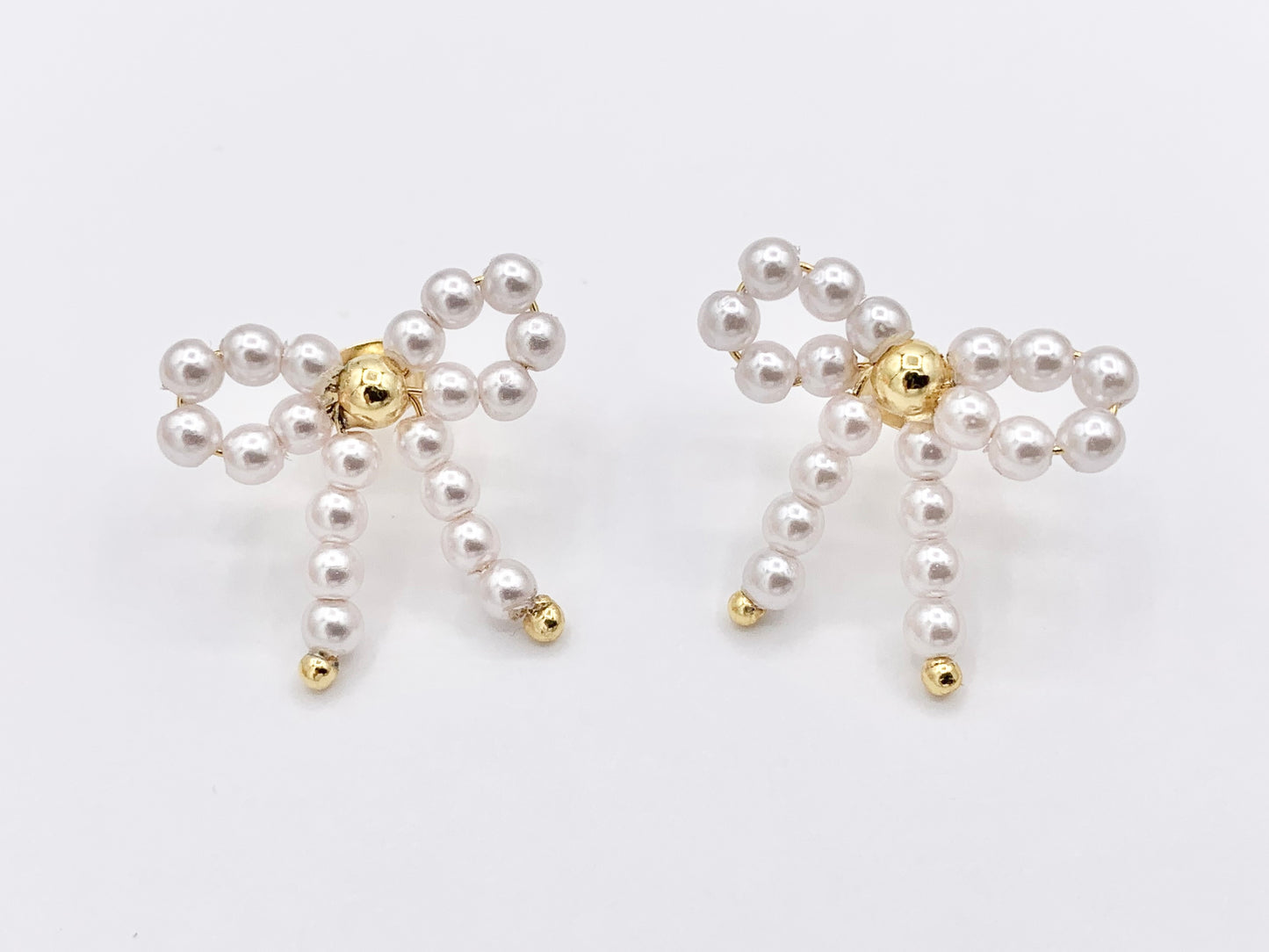 Cute Pearl Bowtie Beaded Earring Studs in 18K Gold Plated Over Copper Earrings 5 PAIRS
