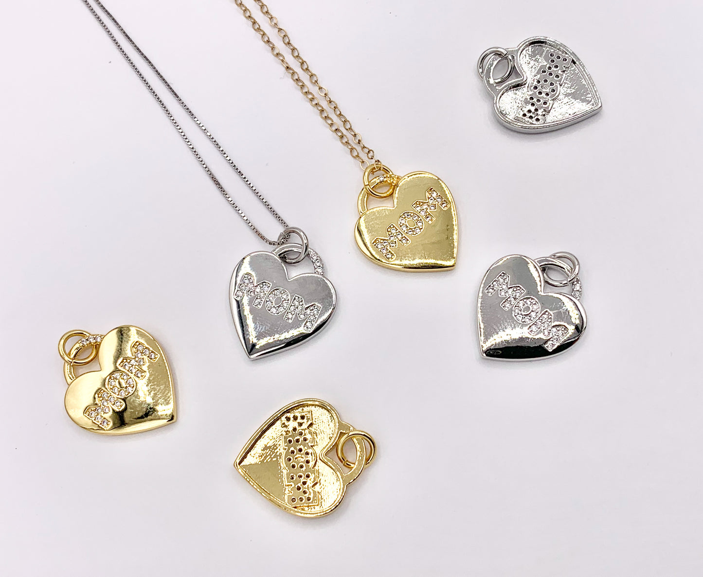 Cute Heart Pendant with CZ MOM Letters One Sided Charms in 18K Gold/Silver Plated Copper Mother's Day Gift For Mom 6 PCS