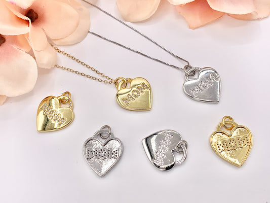 Cute Heart Pendant with CZ MOM Letters One Sided Charms in 18K Gold/Silver Plated Copper Mother's Day Gift For Mom 6 PCS
